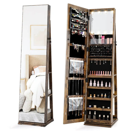 360° Swivel Jewelry Cabinet with Full Length Mirror-Rustic Brown Costway