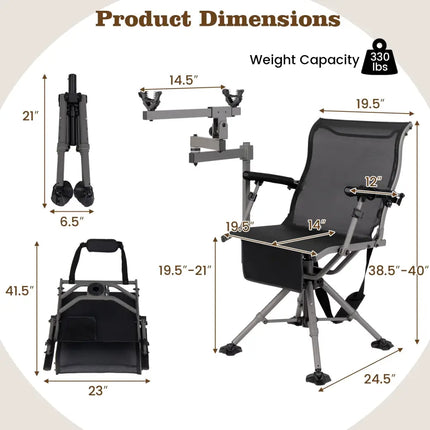 360° Swivel Portable Hunting Chair with Adjustable Legs and Armrests-Black - Black - Camping Furniture