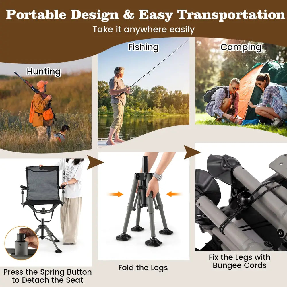 360° Swivel Portable Hunting Chair with Adjustable Legs and Armrests-Black - Black - Camping Furniture
