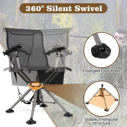 360° Swivel Portable Hunting Chair with Adjustable Legs and Armrests-Black - Black - Camping Furniture