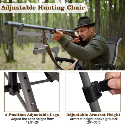 360° Swivel Portable Hunting Chair with Adjustable Legs and Armrests-Black - Black - Camping Furniture