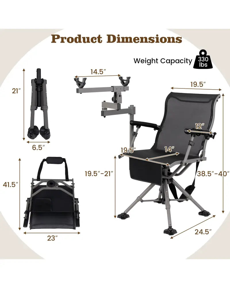 360° Swivel Portable Hunting Chair with Adjustable Legs and Armrests-Black - Black - Camping Furniture