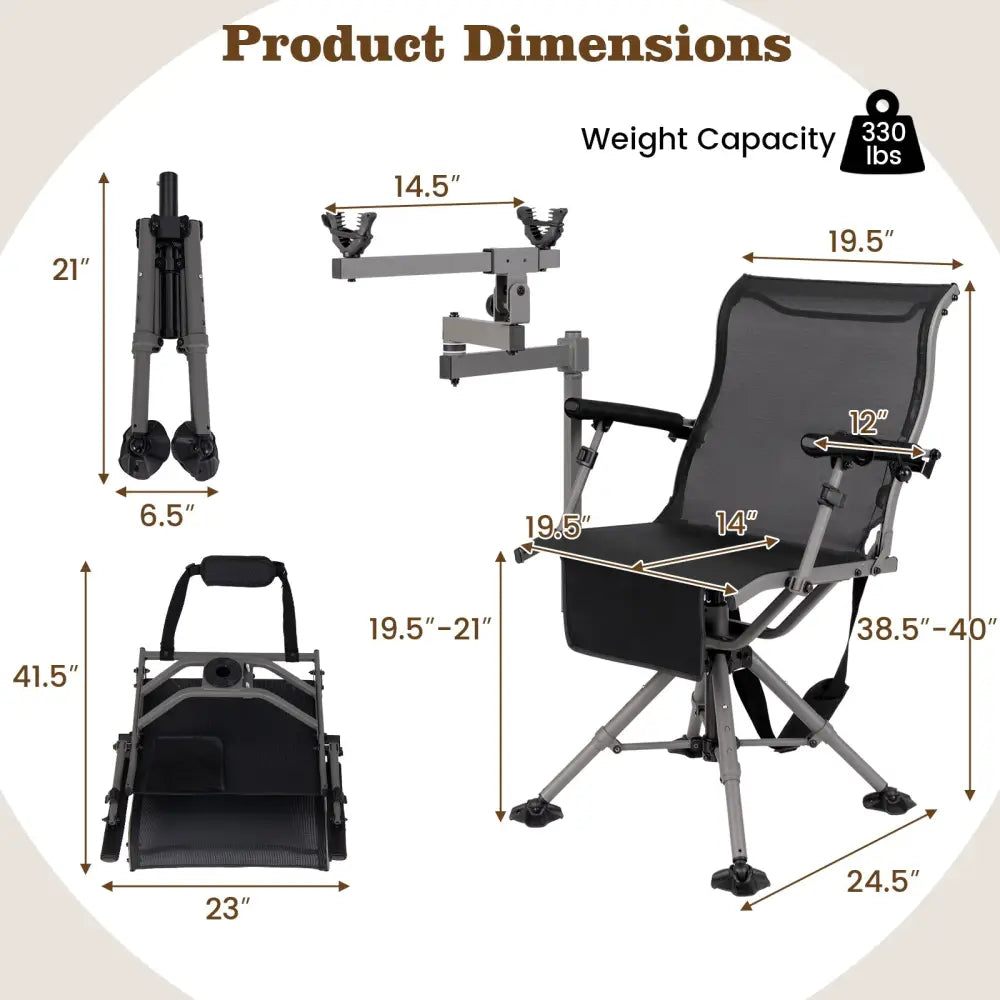 360° Swivel Portable Hunting Chair with Adjustable Legs and Armrests-Black - Black - Camping Furniture