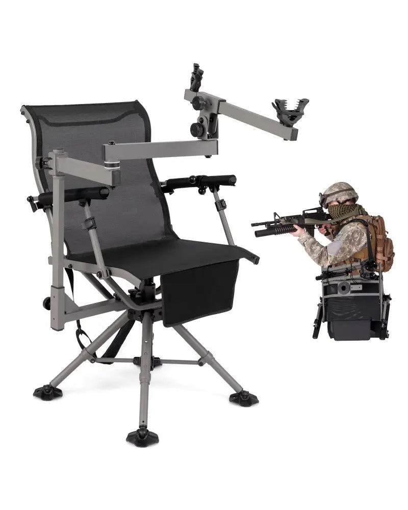360° Swivel Portable Hunting Chair with Adjustable Legs and Armrests-Black - Black - Camping Furniture
