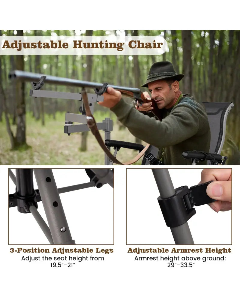 360° Swivel Portable Hunting Chair with Adjustable Legs and Armrests-Black - Black - Camping Furniture