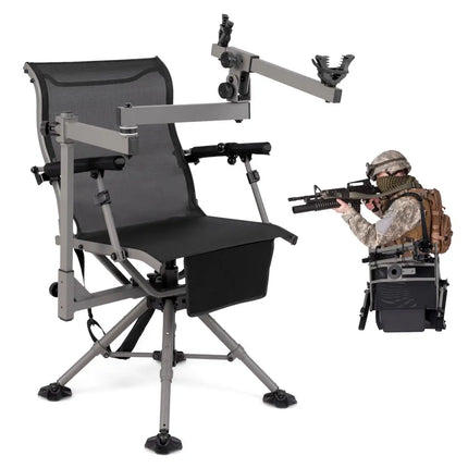 360° Swivel Portable Hunting Chair with Adjustable Legs and Armrests-Black - Black - Camping Furniture