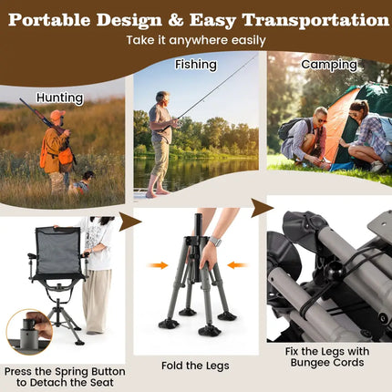 360° Swivel Portable Hunting Chair with Adjustable Legs and Armrests-Black - Black - Camping Furniture