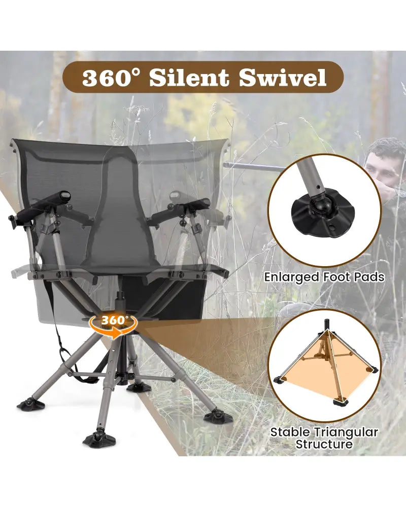 360° Swivel Portable Hunting Chair with Adjustable Legs and Armrests-Black - Black - Camping Furniture