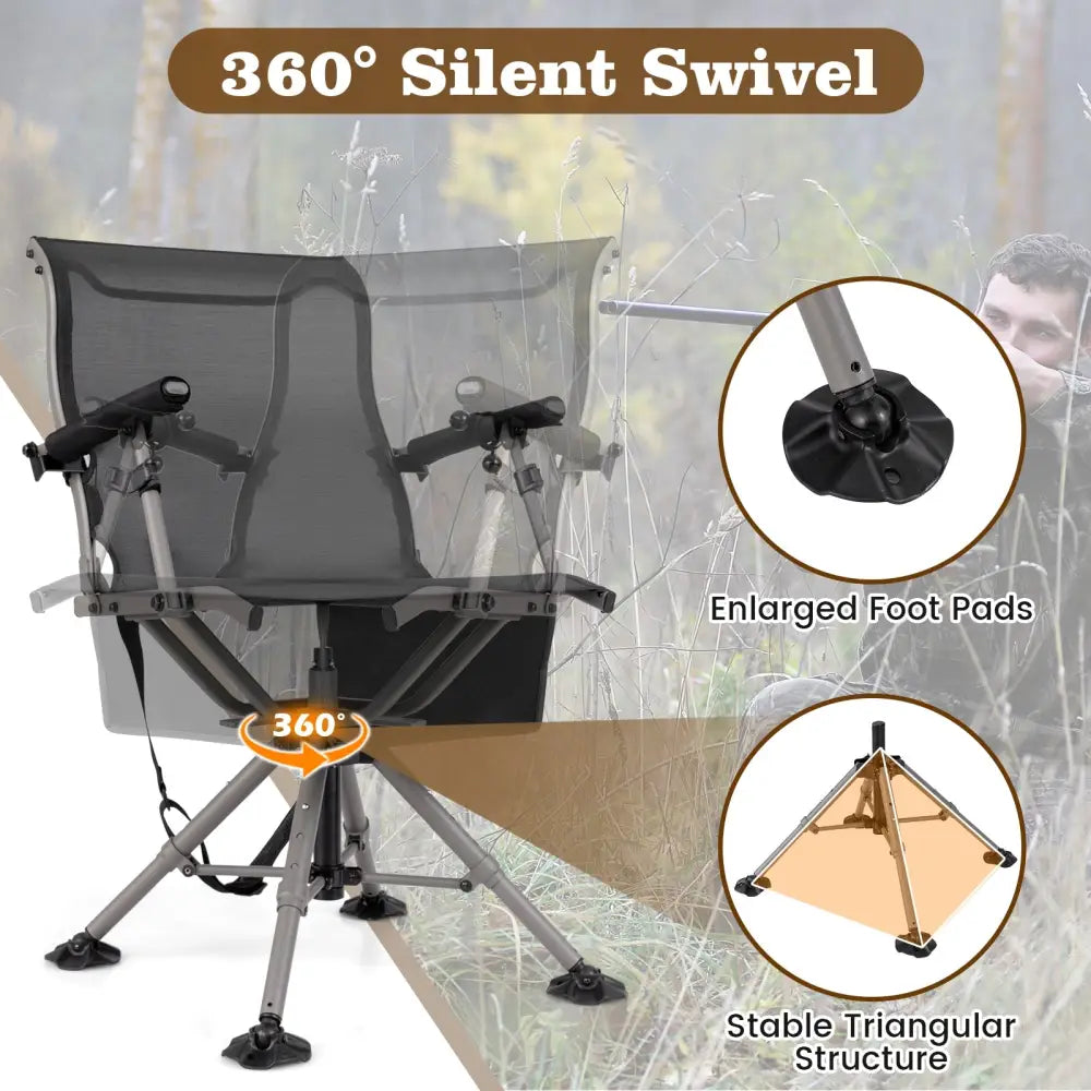 360° Swivel Portable Hunting Chair with Adjustable Legs and Armrests-Black - Black - Camping Furniture