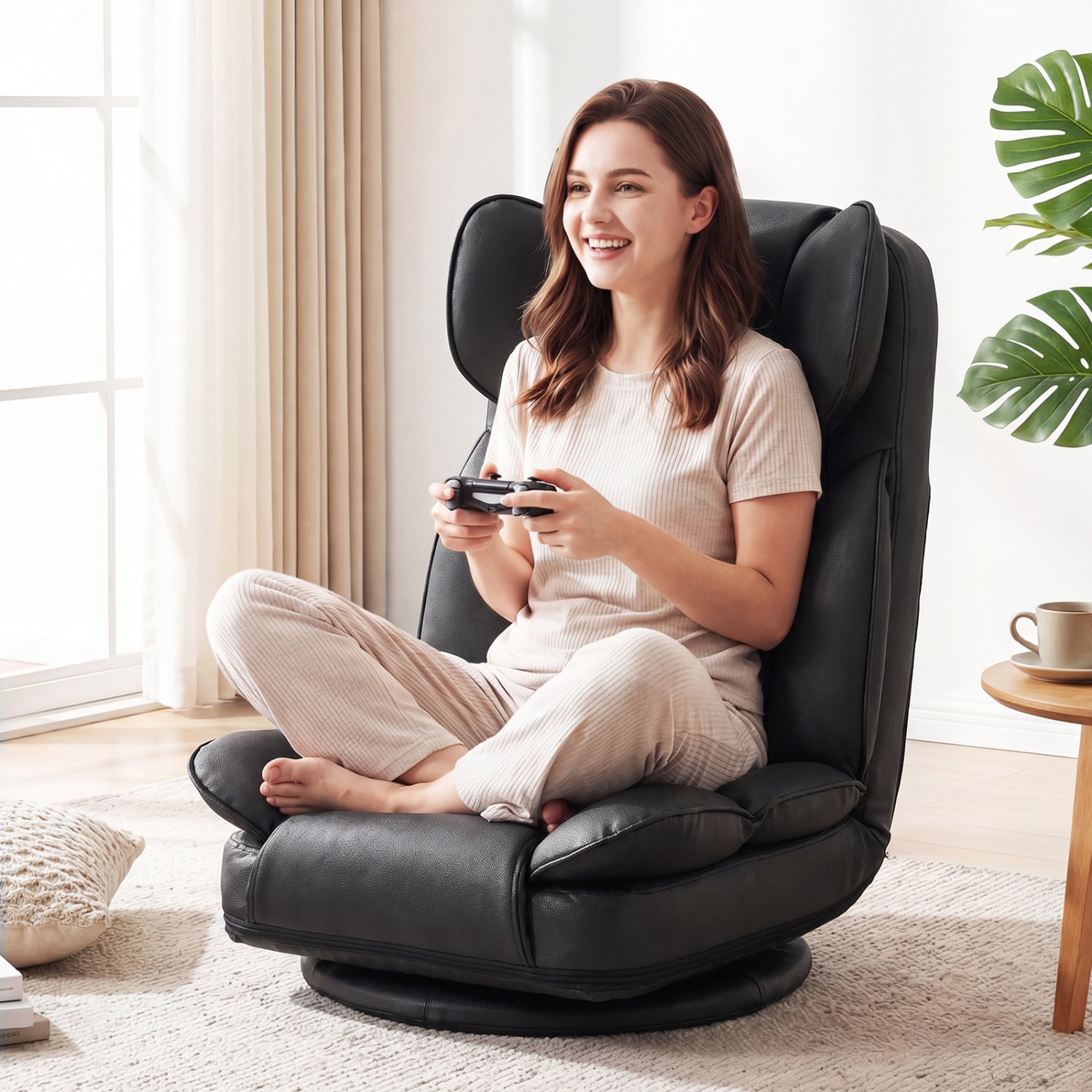 360 Degree Swivel Floor Gaming Chair with 6-Position Adjustable Backrest and Sponge Filling-Black