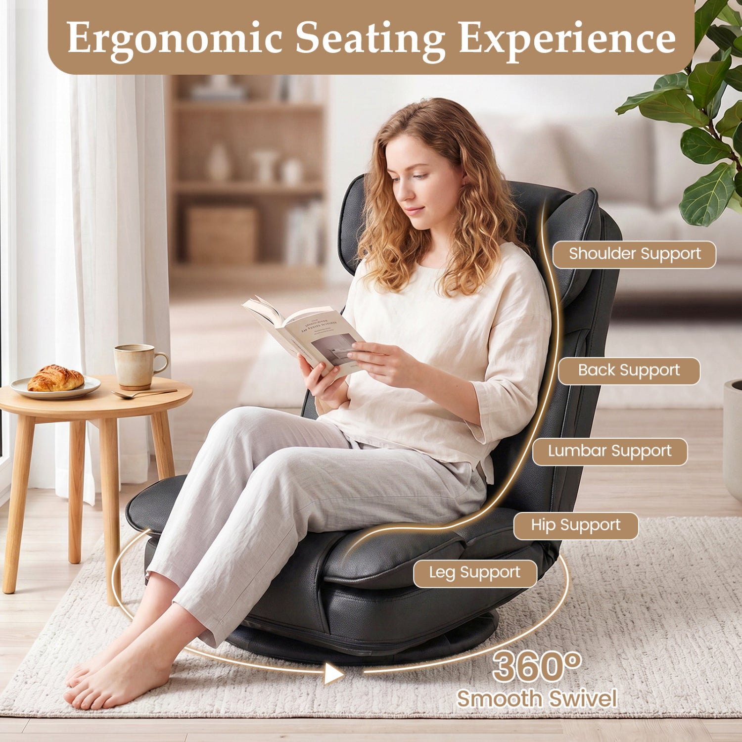 360 Degree Swivel Floor Gaming Chair with 6-Position Adjustable Backrest and Sponge Filling-Black