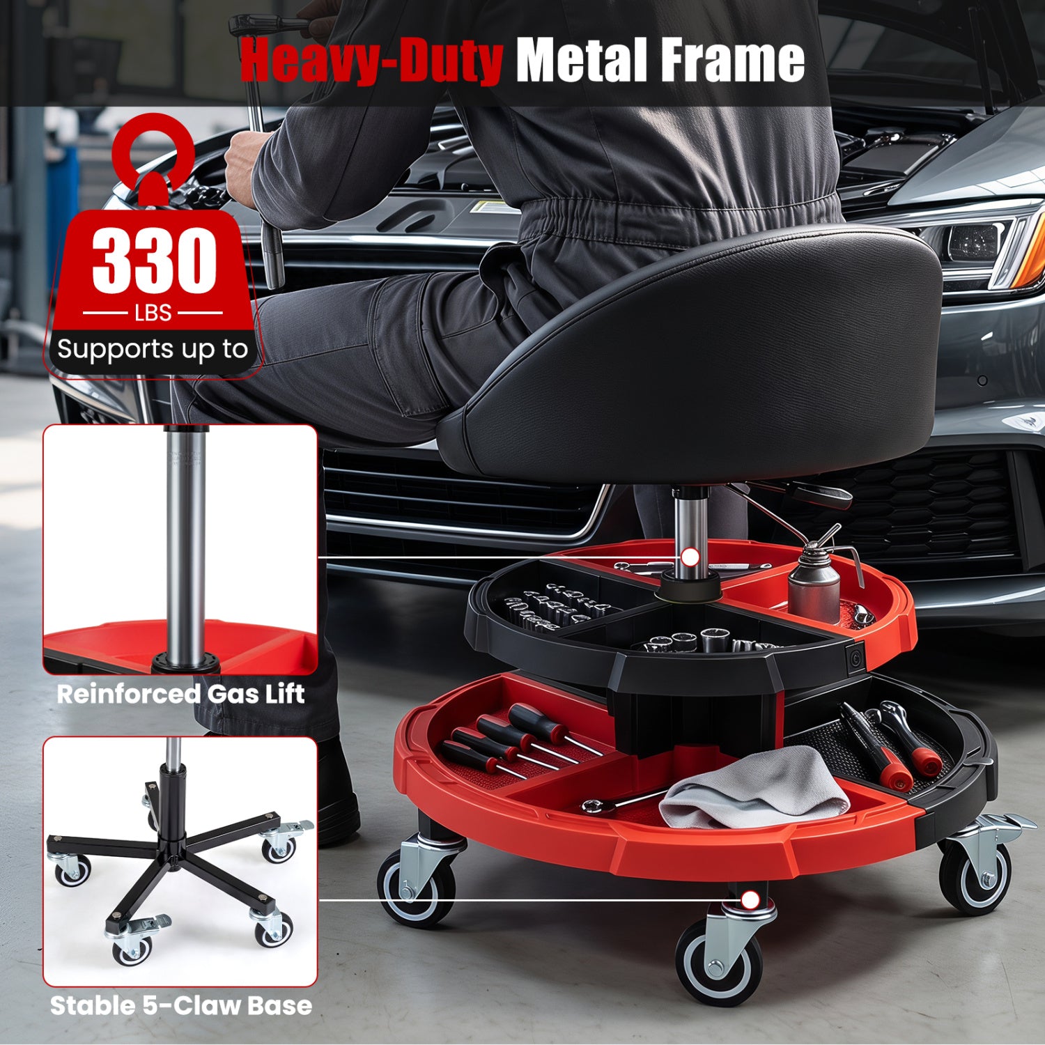 360° Rolling Mechanic Stool with 2 Tool Storage Trays-Red