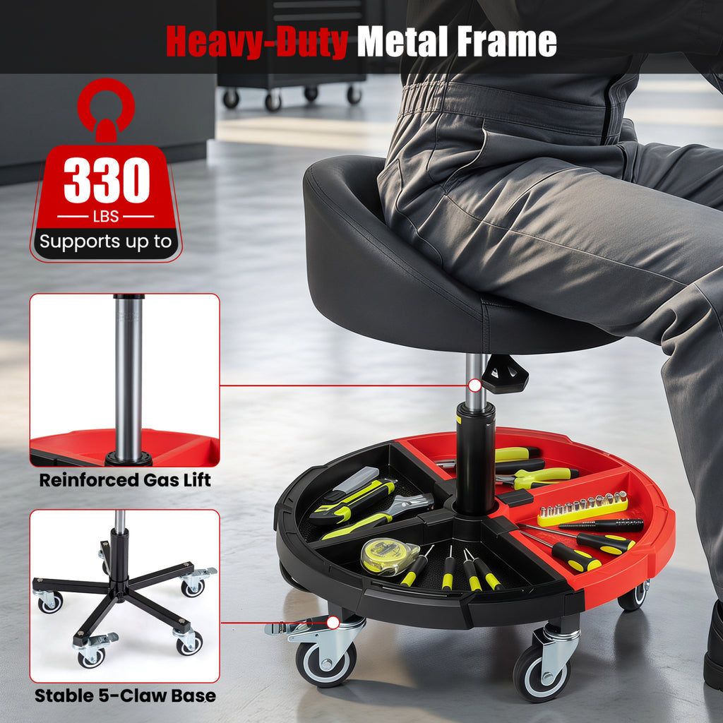 360° Rolling Mechanic Stool with 1 Tool Storage Tray-Red