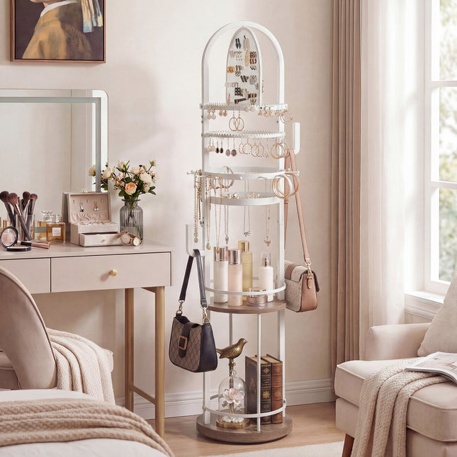 360° Rotating Floor Jewelry Storage Rack with 3 Shelves-Gray