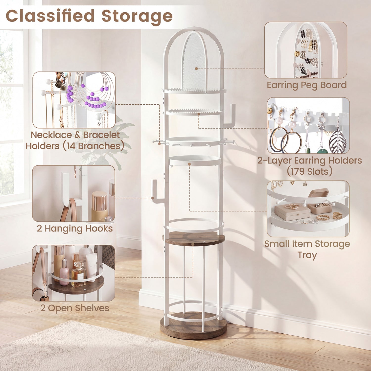 360° Rotating Floor Jewelry Storage Rack with 3 Shelves-Gray