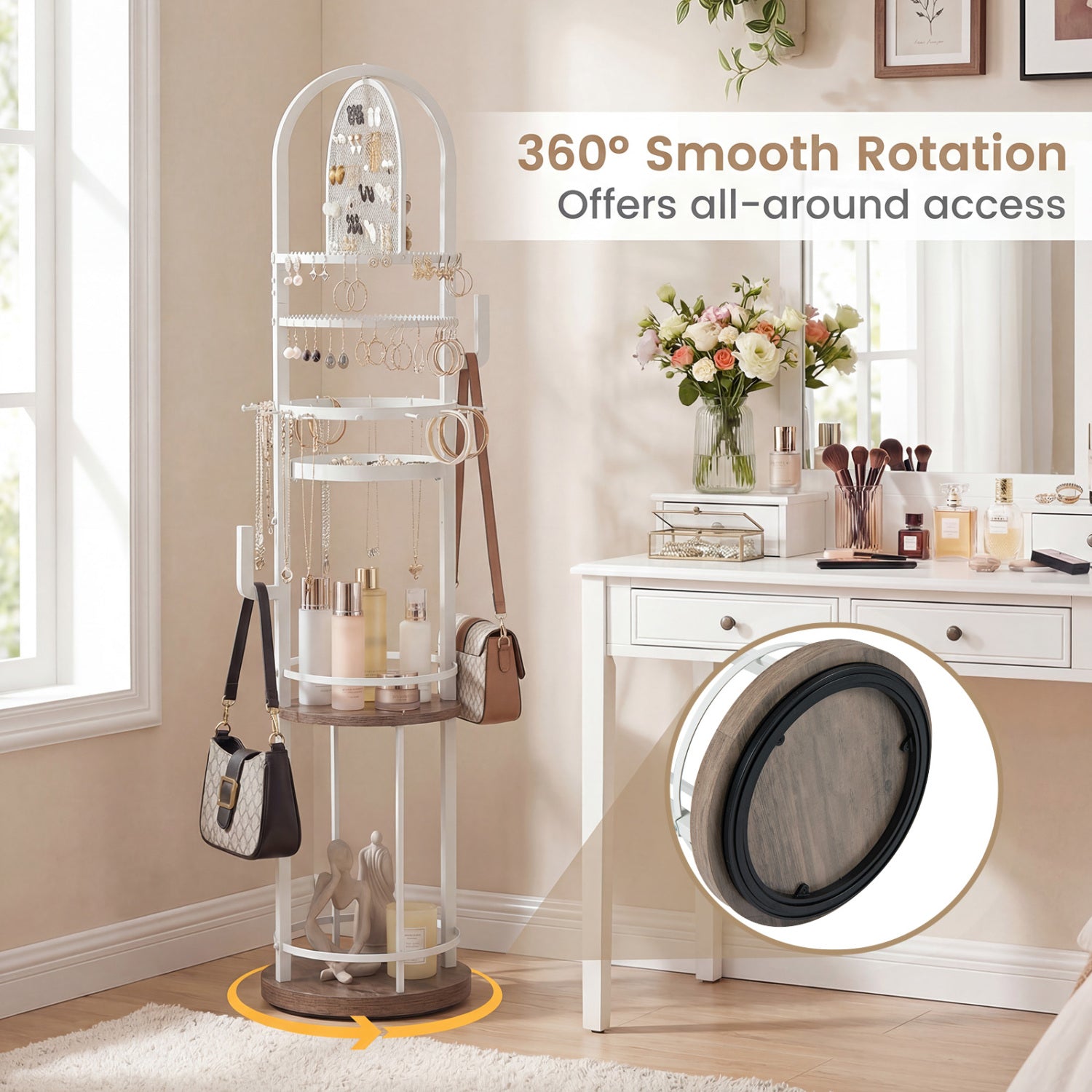360° Rotating Floor Jewelry Storage Rack with 3 Shelves-Gray