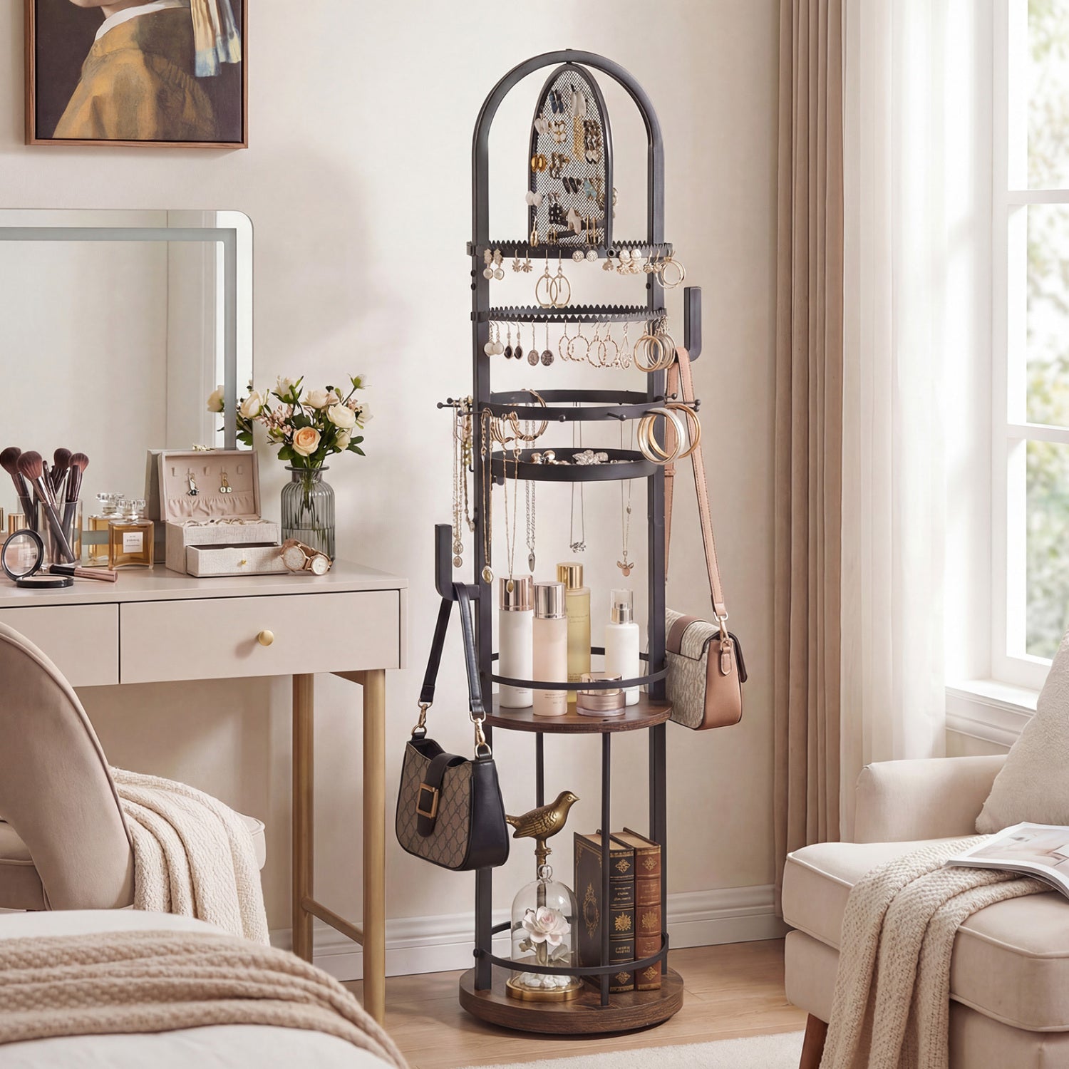 360° Rotating Floor Jewelry Storage Rack with 3 Shelves-Rustic Brown