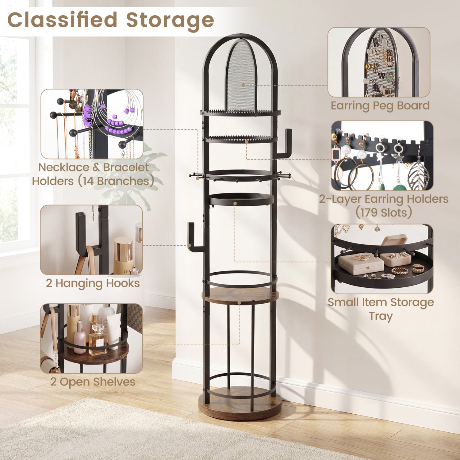 360° Rotating Floor Jewelry Storage Rack with 3 Shelves-Rustic Brown