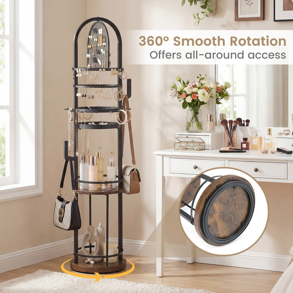 360° Rotating Floor Jewelry Storage Rack with 3 Shelves-Rustic Brown