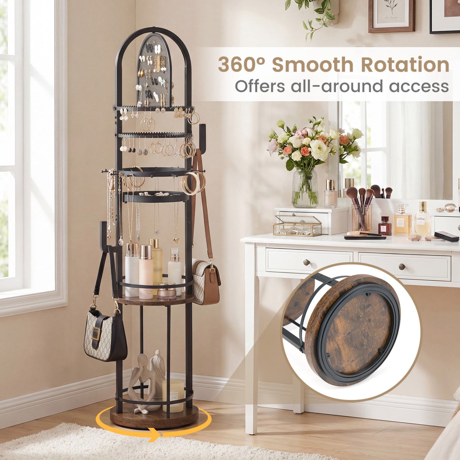 360° Rotating Floor Jewelry Storage Rack with 3 Shelves-Rustic Brown