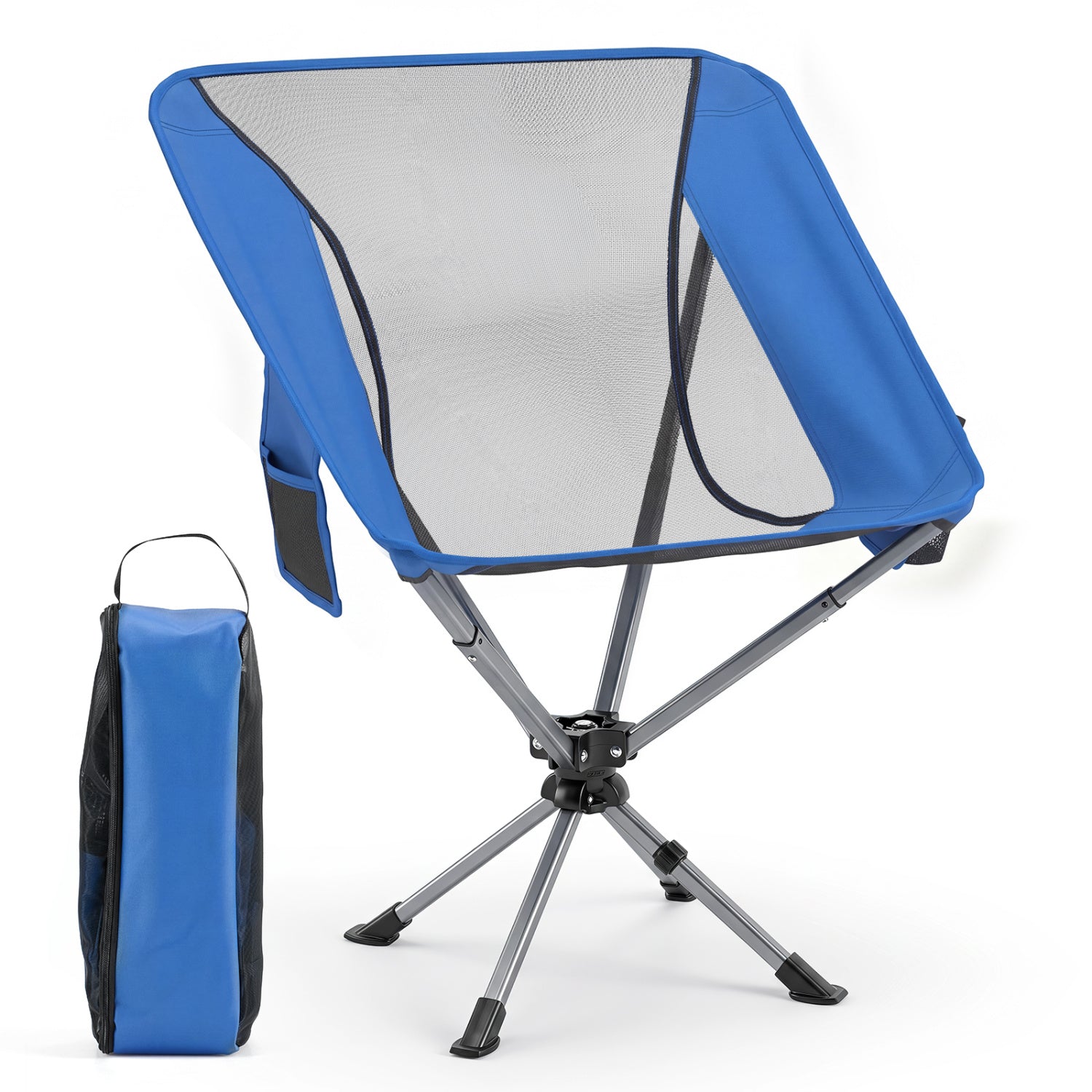 360° Swivel Camping Chair with Cup Holder and Side Pocket for Beach Support 300 LBS-Blue