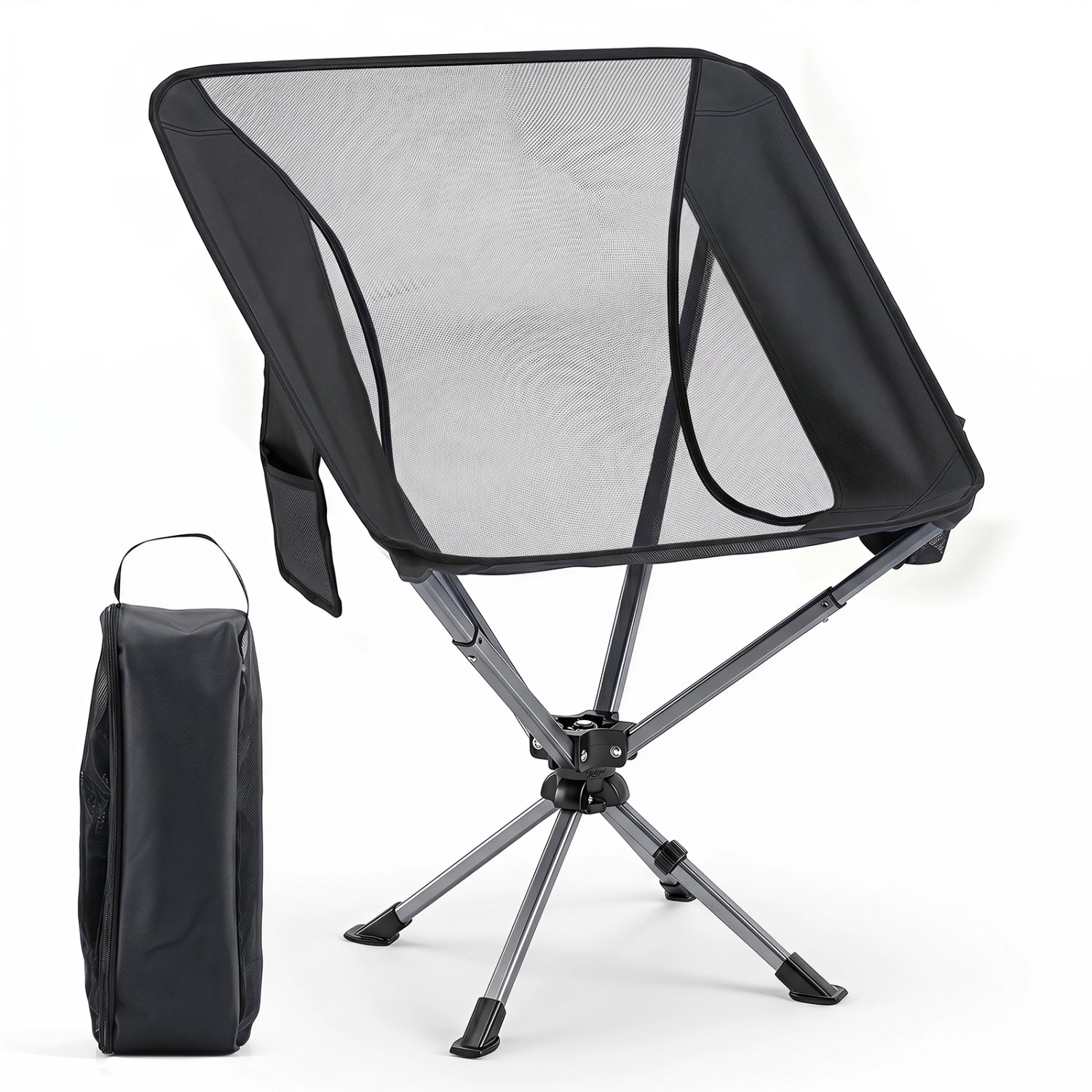 360° Swivel Camping Chair with Cup Holder and Side Pocket for Beach Support 300 LBS-Black