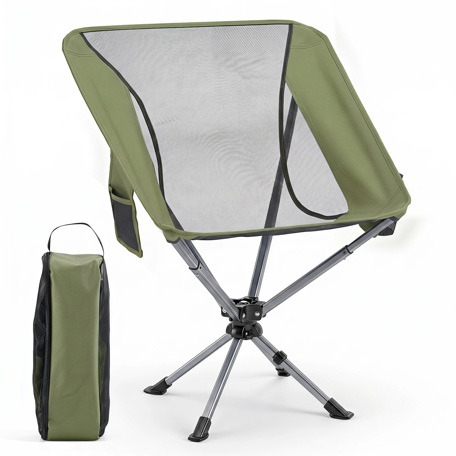 360° Swivel Camping Chair with Cup Holder and Side Pocket for Beach Support 300 LBS-Green
