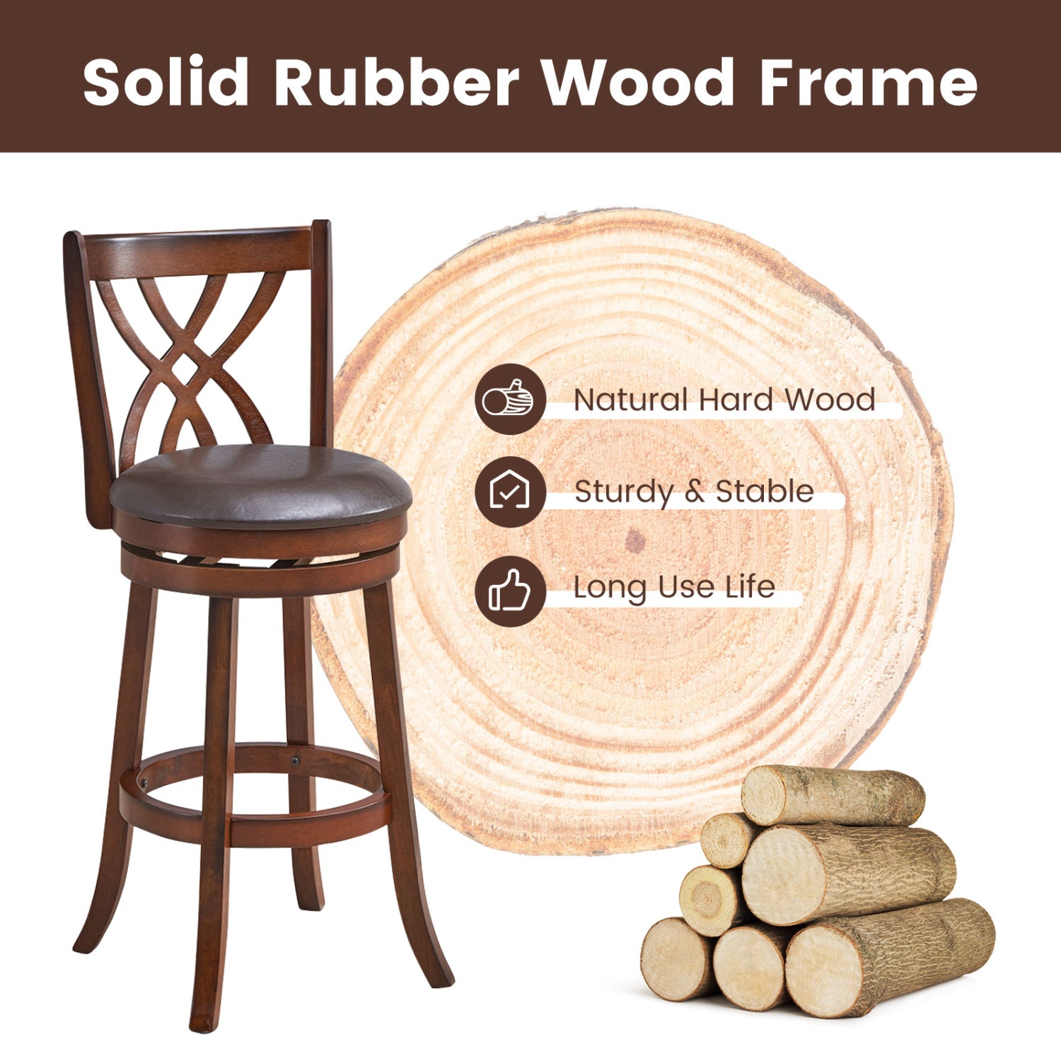 360° Swivel Counter Height Chairs with PU Leather Cushioned Seat and Footrests-30 inches