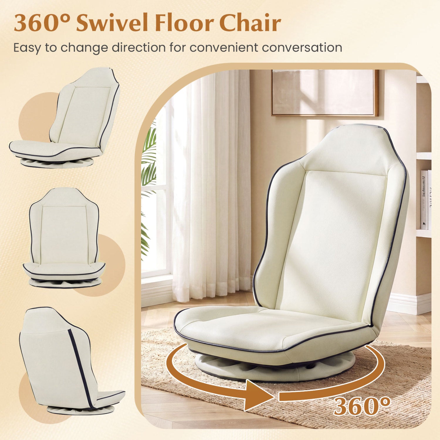 360° Swivel Floor Gaming Chair with 5-Level Adjustable Backrest-Beige