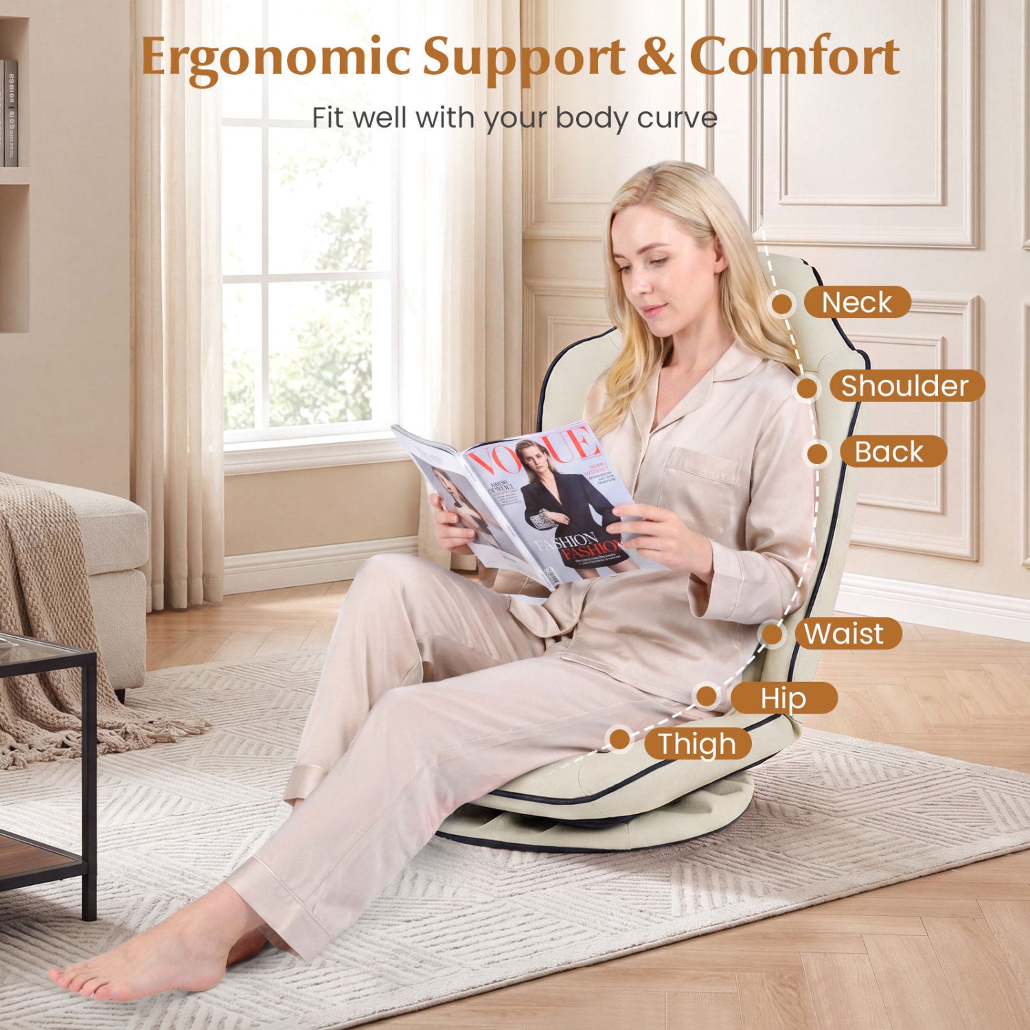 360° Swivel Floor Gaming Chair with 5-Level Adjustable Backrest-Beige