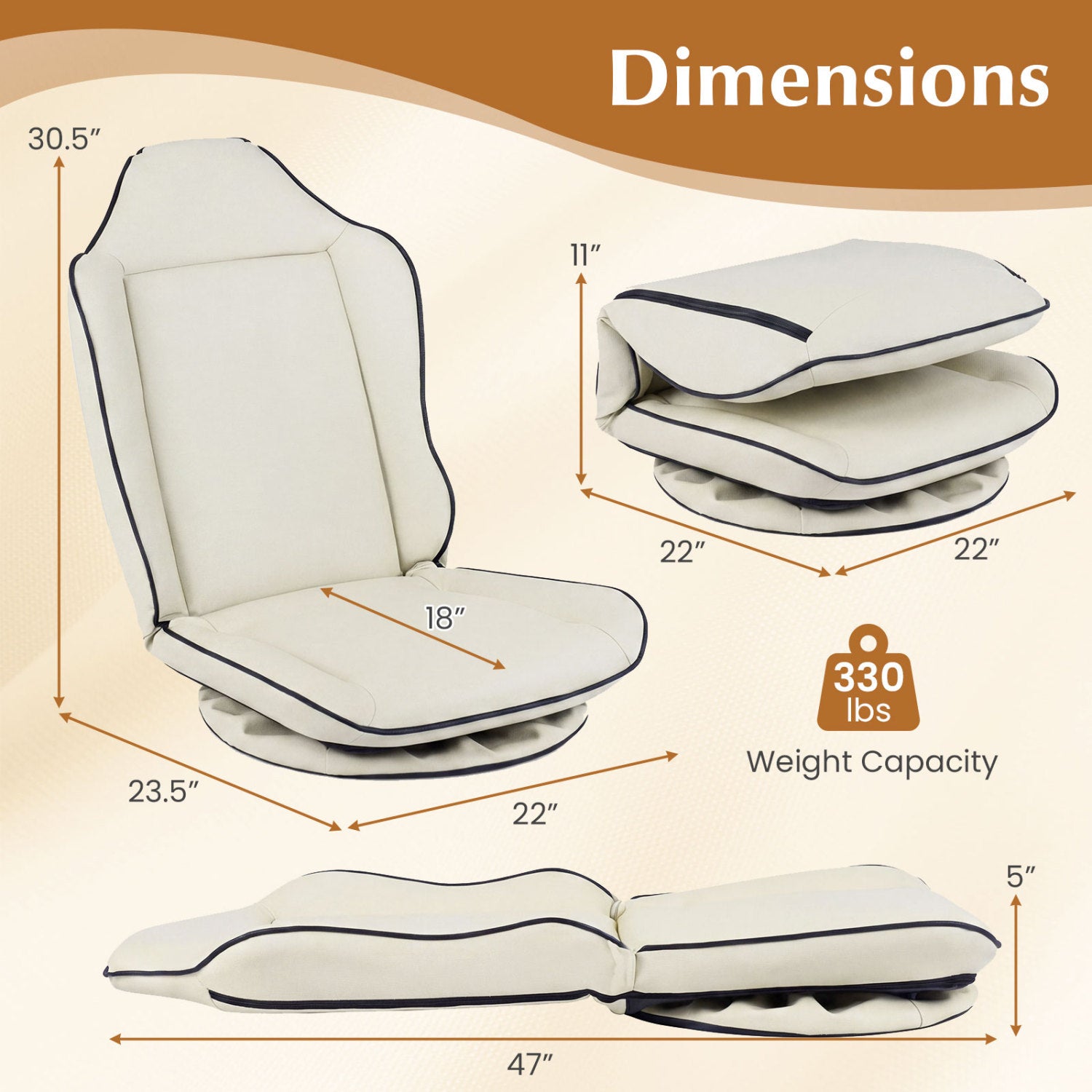 360° Swivel Floor Gaming Chair with 5-Level Adjustable Backrest-Beige