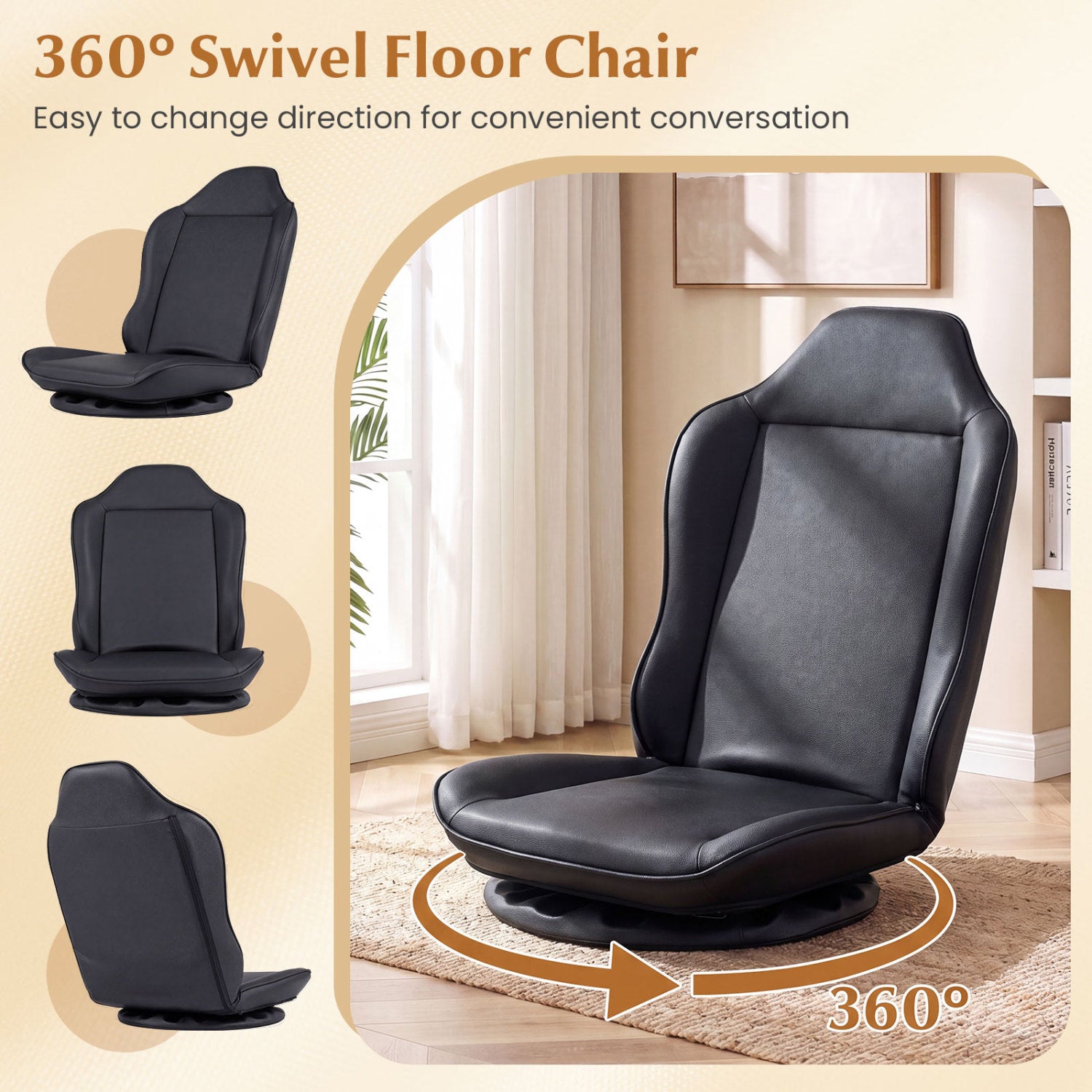 360° Swivel Floor Gaming Chair with 5-Level Adjustable Backrest-Black