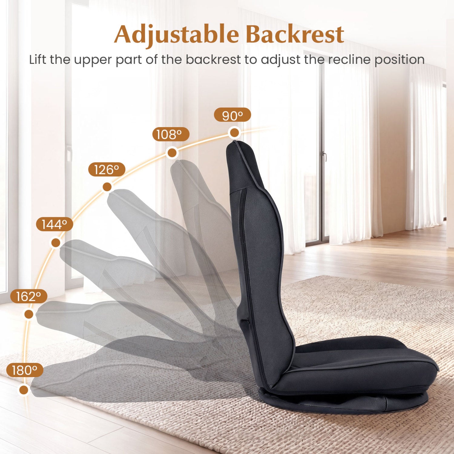 360° Swivel Floor Gaming Chair with 5-Level Adjustable Backrest-Black