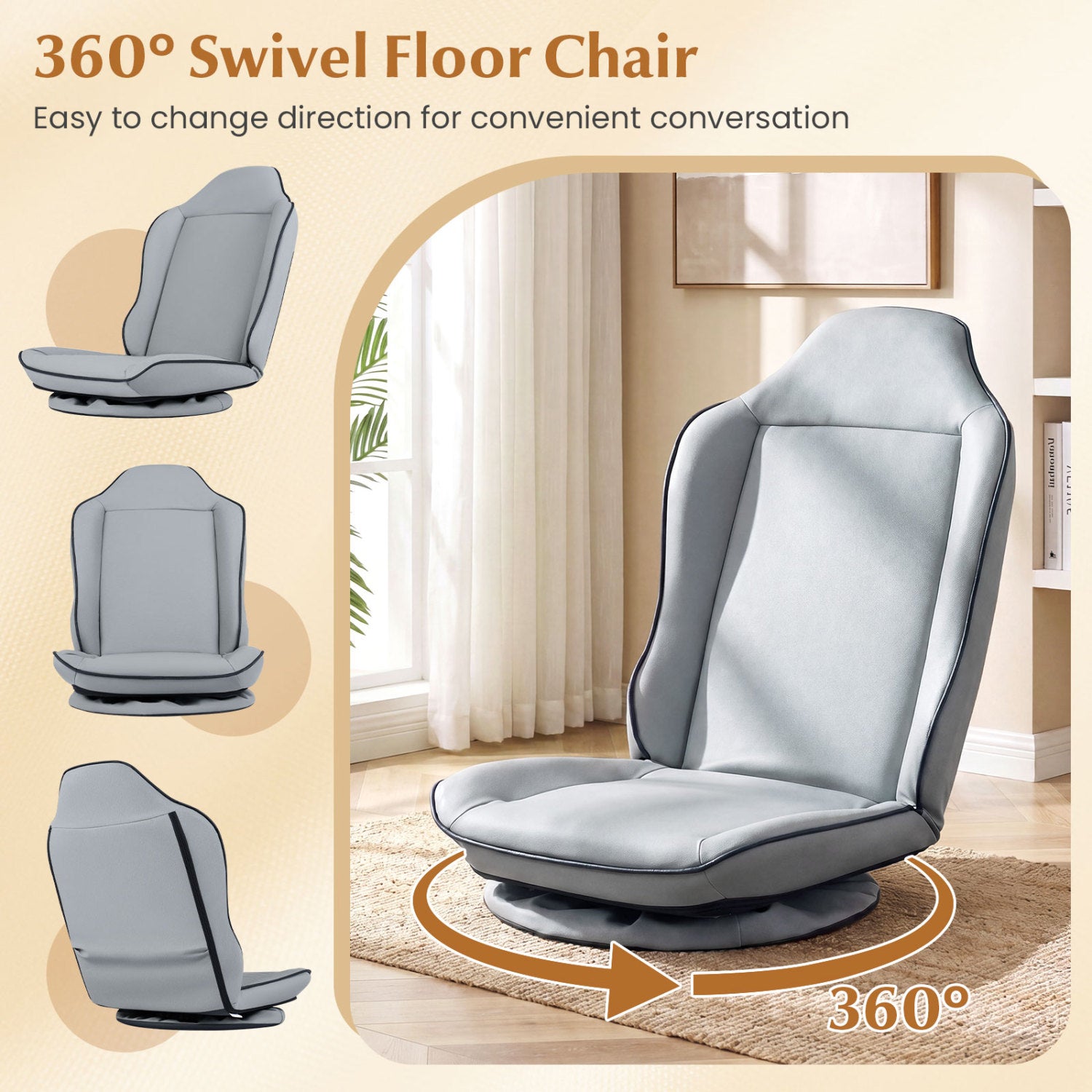 360° Swivel Floor Gaming Chair with 5-Level Adjustable Backrest-Gray