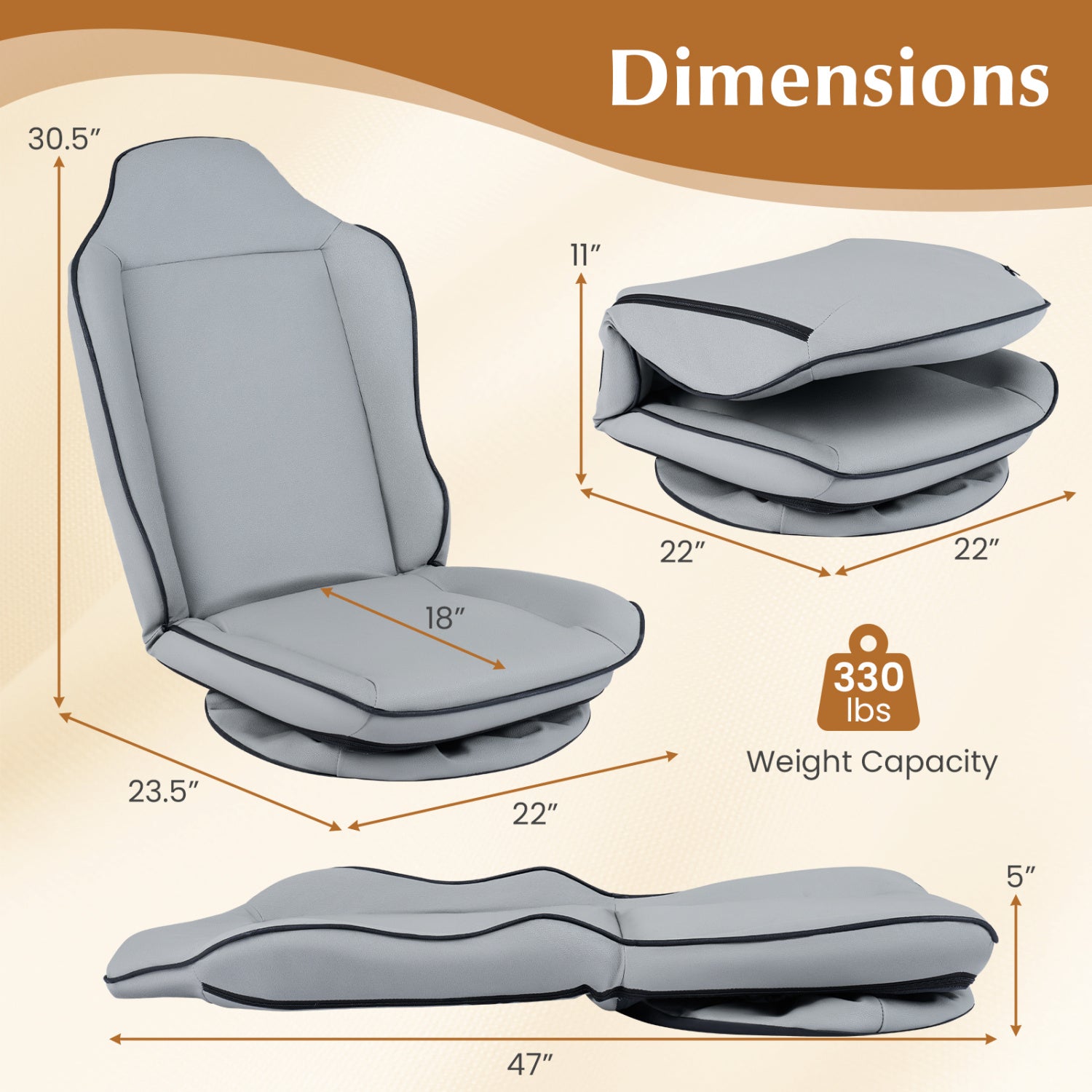 360° Swivel Floor Gaming Chair with 5-Level Adjustable Backrest-Gray