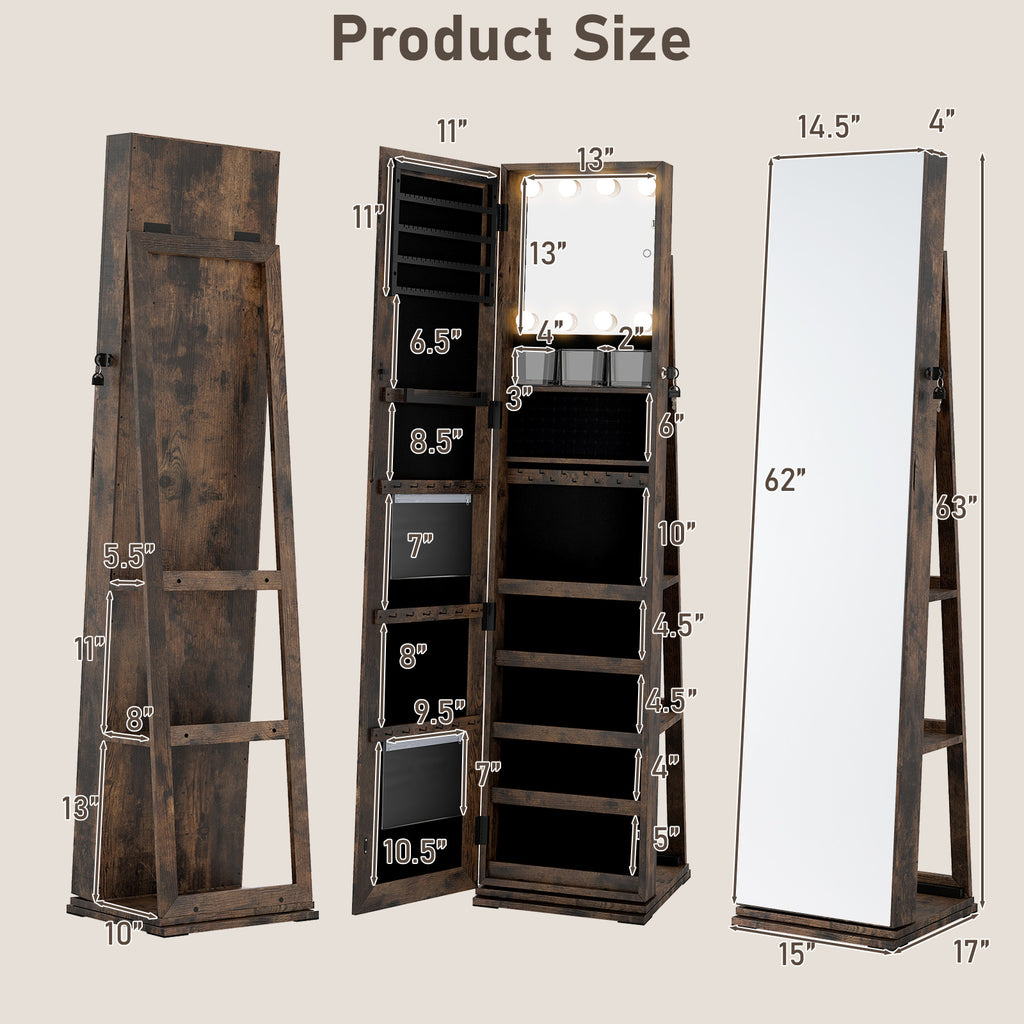 360° Swivel Jewelry Cabinet with Full Length Mirror-Rustic Brown