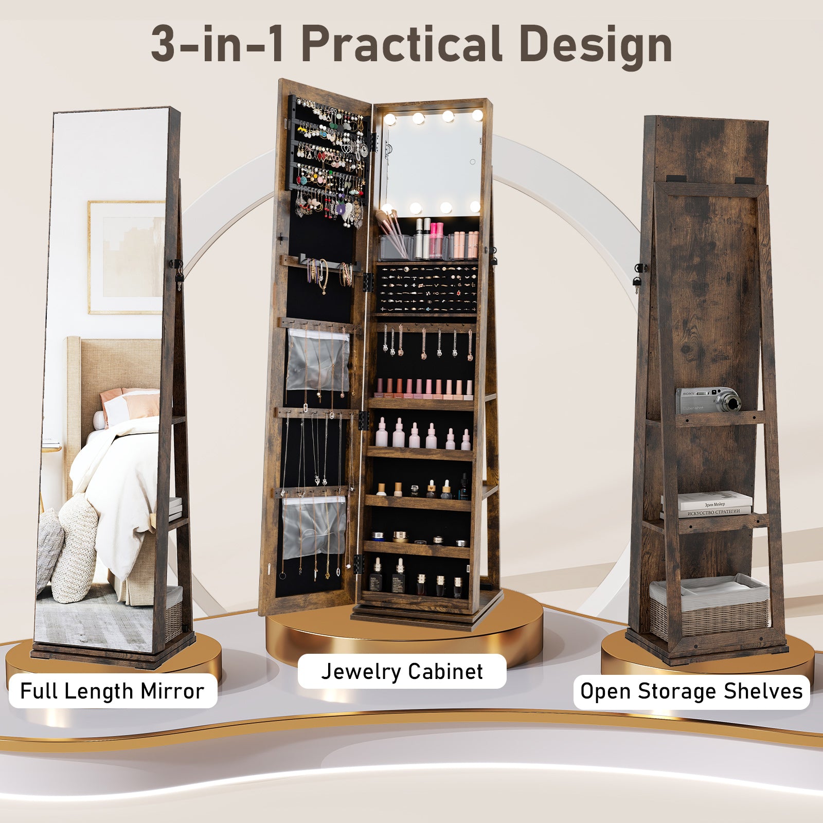 360° Swivel Jewelry Cabinet with Full Length Mirror-Rustic Brown