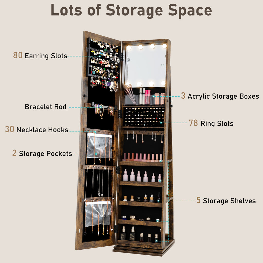 360° Swivel Jewelry Cabinet with Full Length Mirror-Rustic Brown