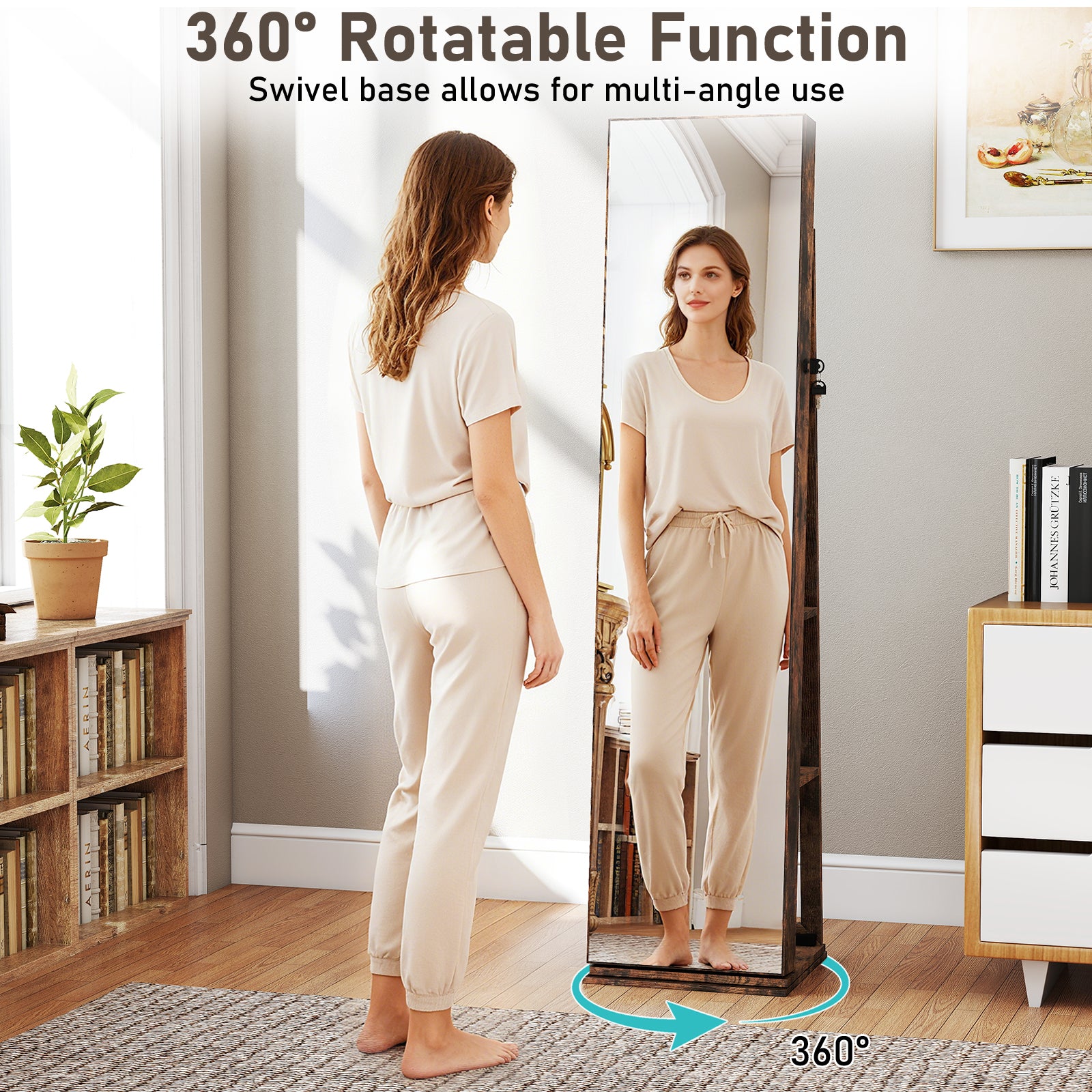 360° Swivel Jewelry Cabinet with Full Length Mirror-Rustic Brown