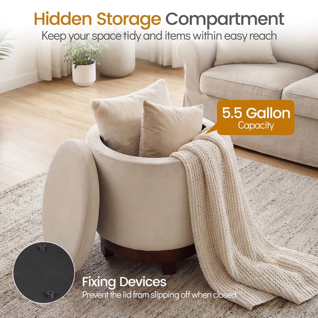 360° Swivel Velvet Foot Rest with Hidden Storage for Living Room-Beige