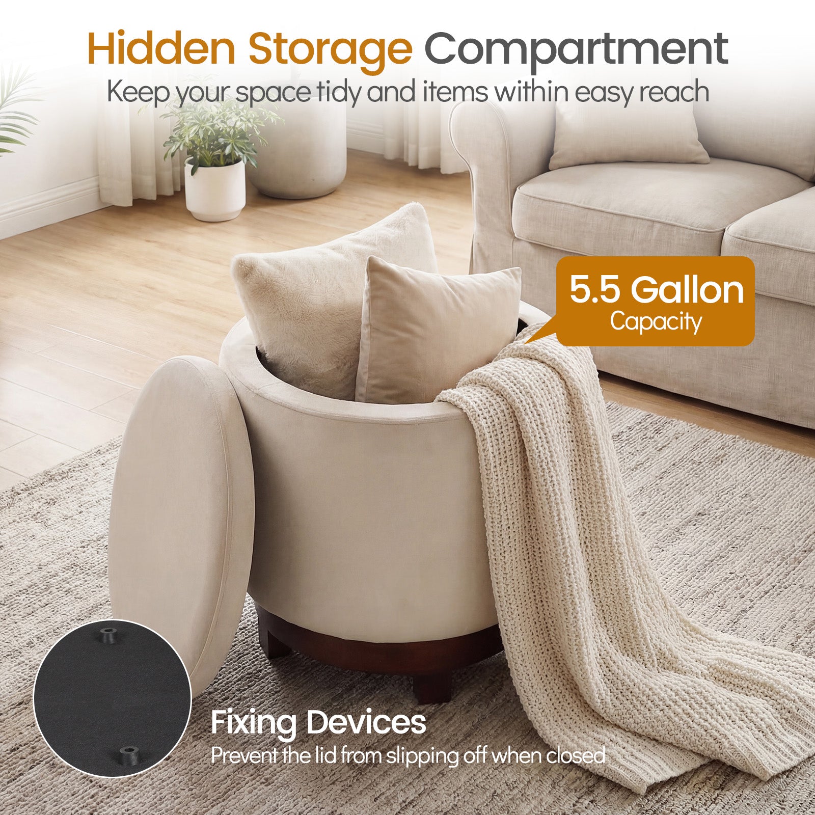 360° Swivel Velvet Foot Rest with Hidden Storage for Living Room-Beige