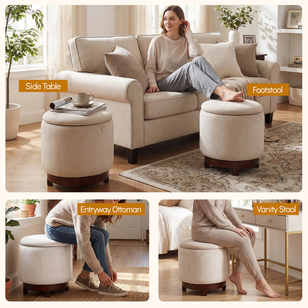 360° Swivel Velvet Foot Rest with Hidden Storage for Living Room-Beige