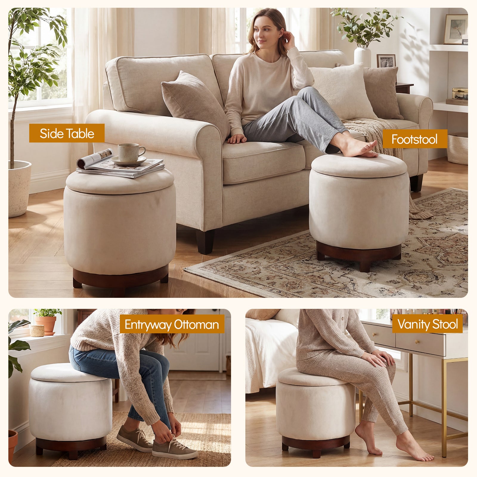 360° Swivel Velvet Foot Rest with Hidden Storage for Living Room-Beige