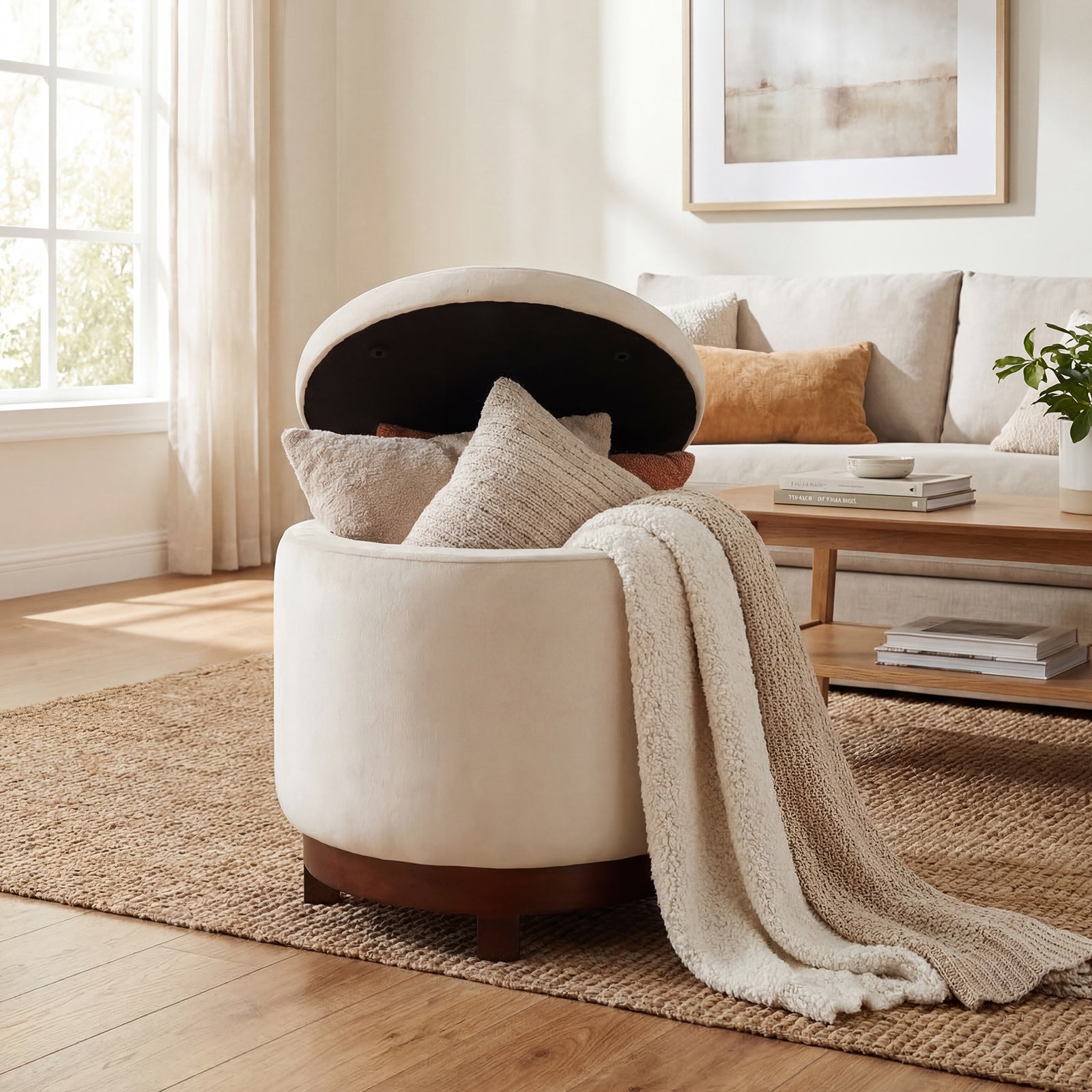 360° Swivel Velvet Foot Rest with Hidden Storage for Living Room-Beige