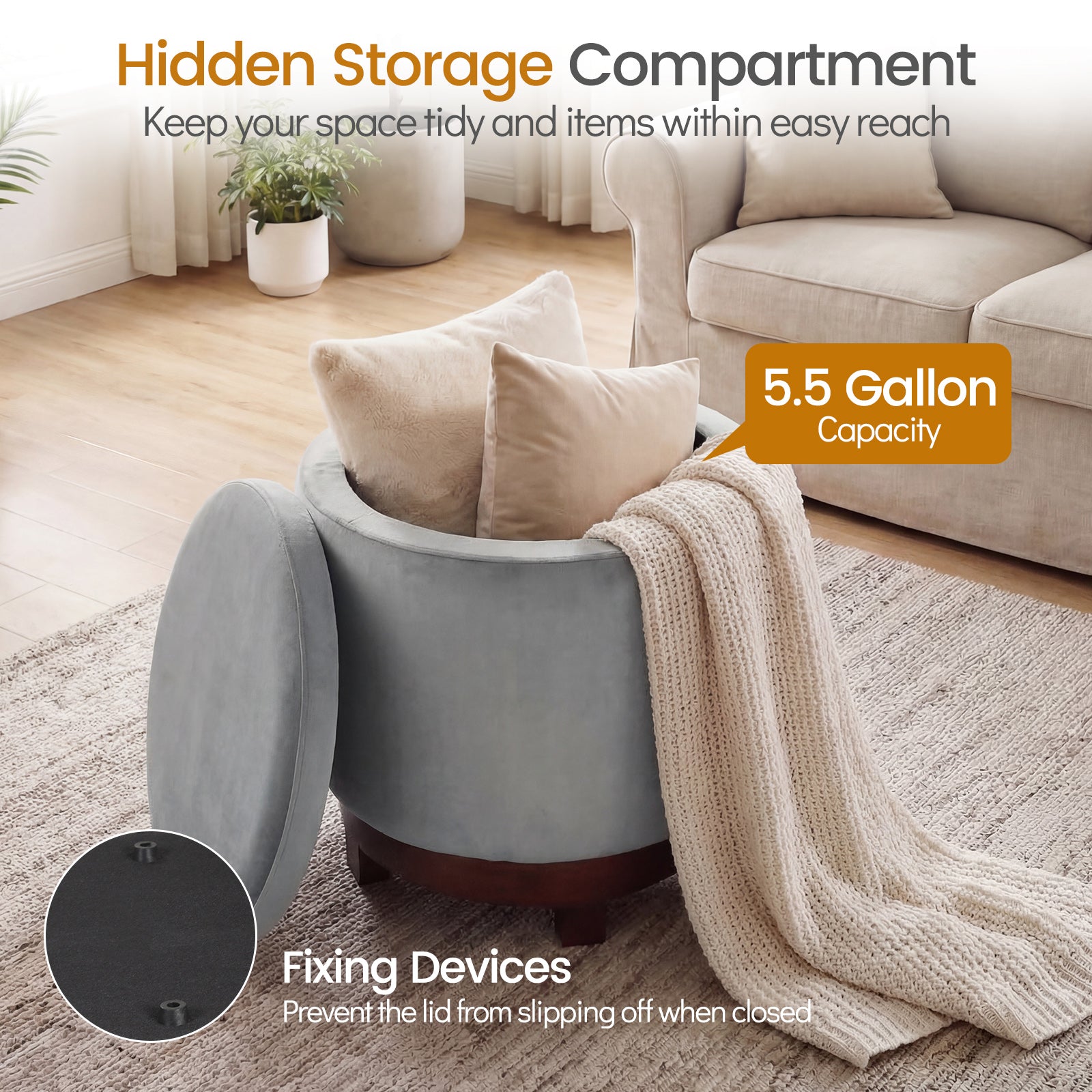 360° Swivel Velvet Foot Rest with Hidden Storage for Living Room-Gray