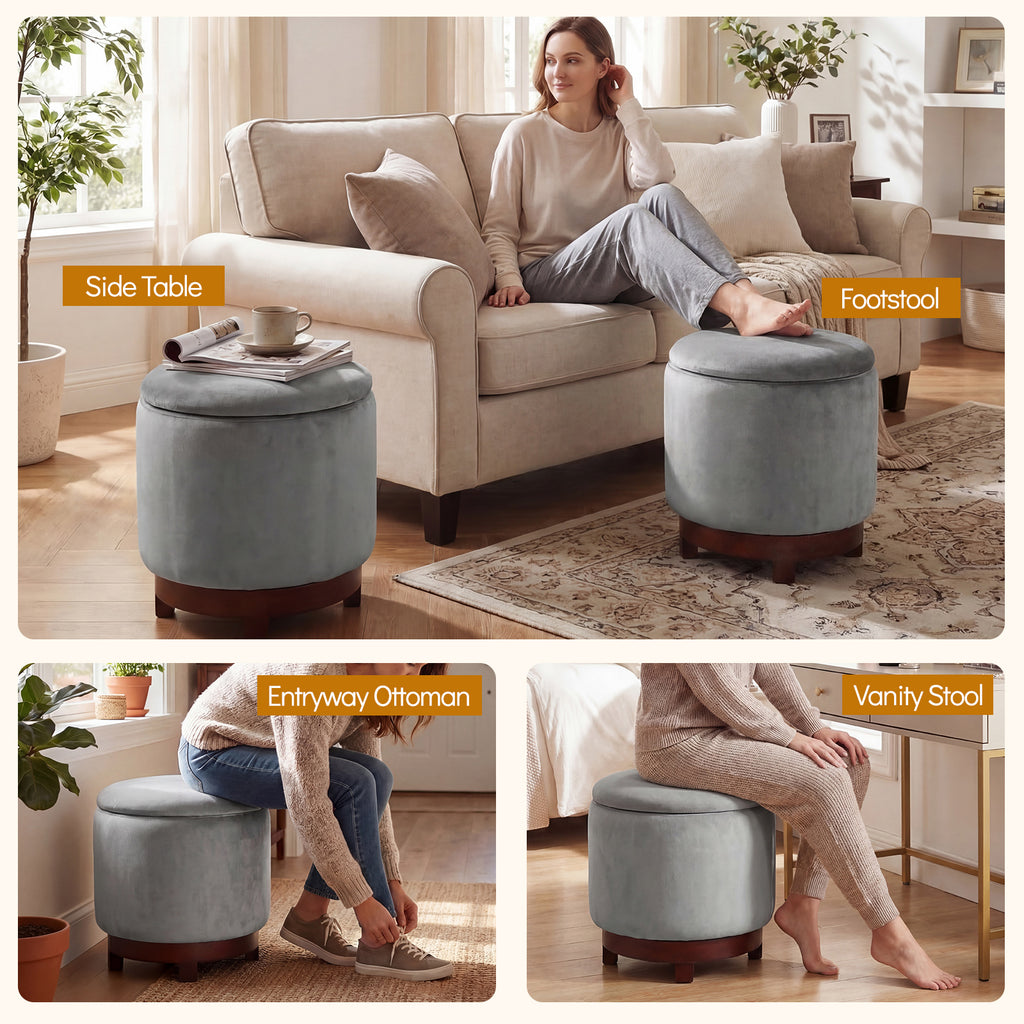 360° Swivel Velvet Foot Rest with Hidden Storage for Living Room-Gray