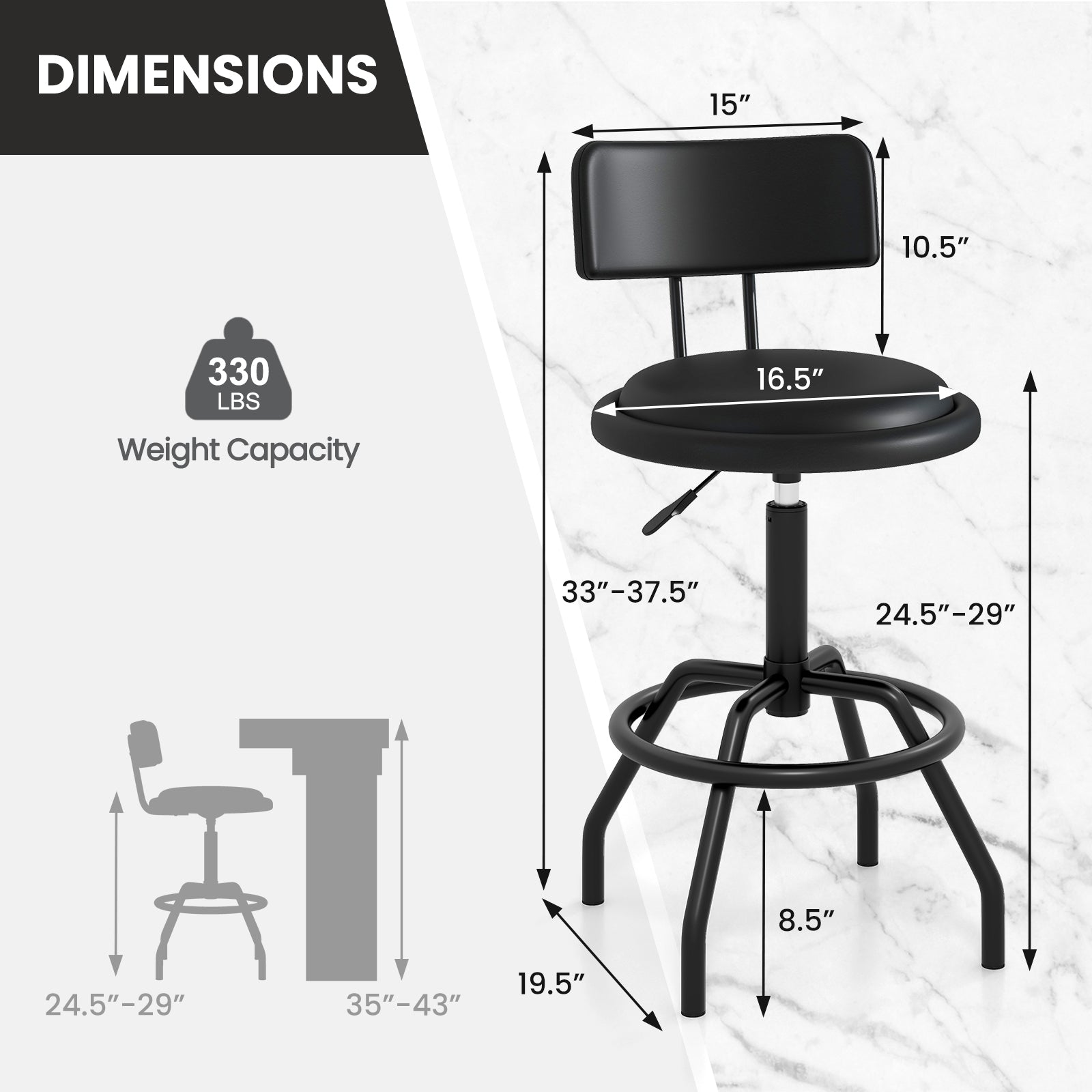Set of 1/2 360° Swivel Counter Height Barstool with Padded Seat and Back-2 Pieces