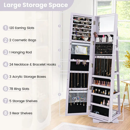 360Â° Rotatable 2-in-1 Lockable Jewelry Cabinet with Full-Length Mirror-Purple Costway