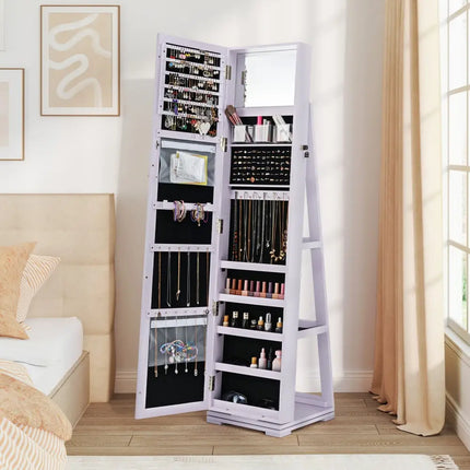 360Â° Rotatable 2-in-1 Lockable Jewelry Cabinet with Full-Length Mirror-Purple Costway