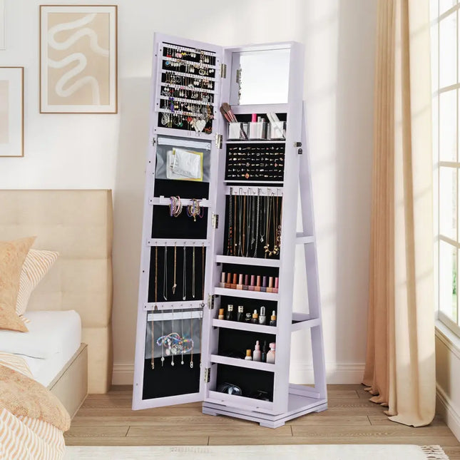 360Â° Rotatable 2-in-1 Lockable Jewelry Cabinet with Full-Length Mirror-Purple Costway